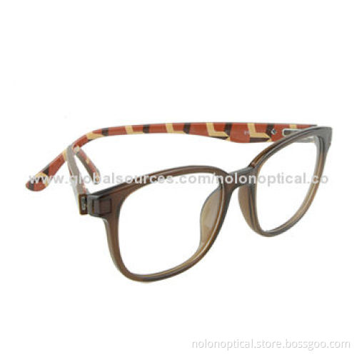 Brown Eyeglasses with Uneven Pattern Arms, Clear Demo Lens